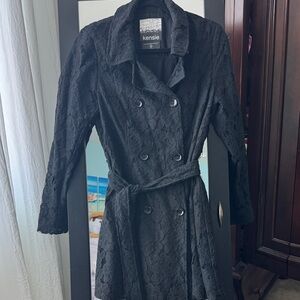 Kensie Black Lace Double-Breasted Coat with Chiffon pleated back- size Large